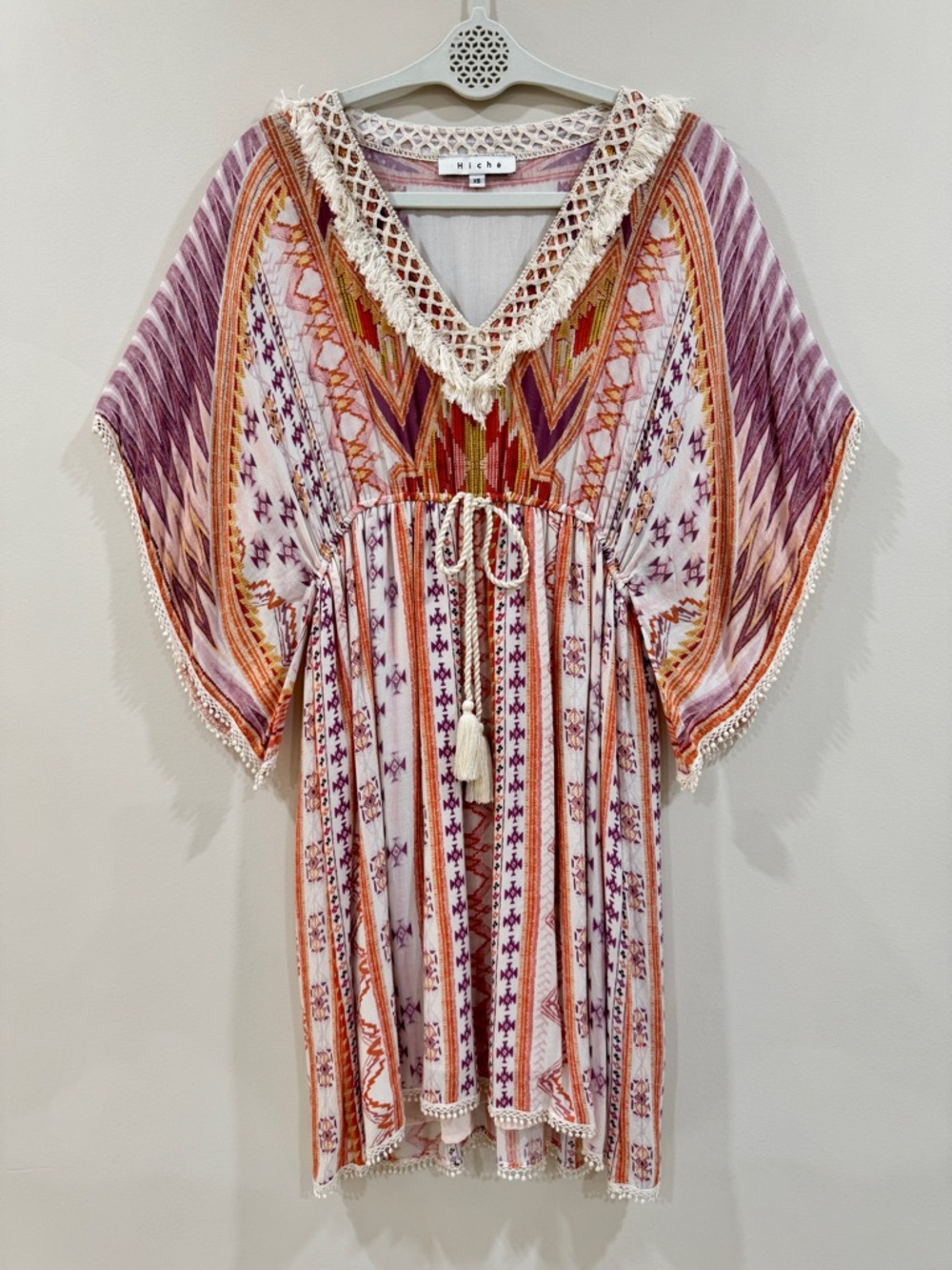 Anthropologie Hiché Crochet Fringe Tunic Dress XS Boho Southwestern